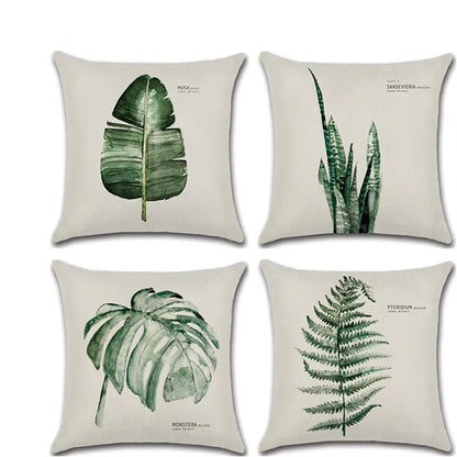 Fresh Green Leaf Linen Cushion Cover for Home Decor