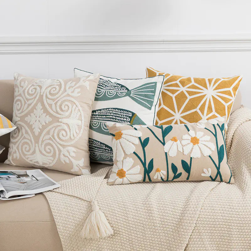 Cotton Chain Embroidered Lumbar Sofa Pillow Cover