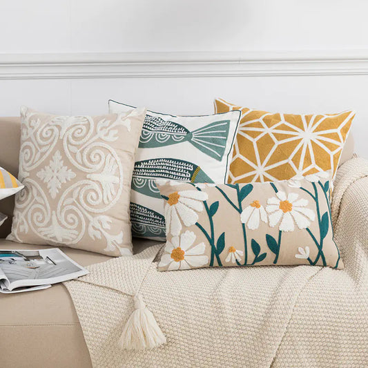 Cotton Chain Embroidered Lumbar Sofa Pillow Cover